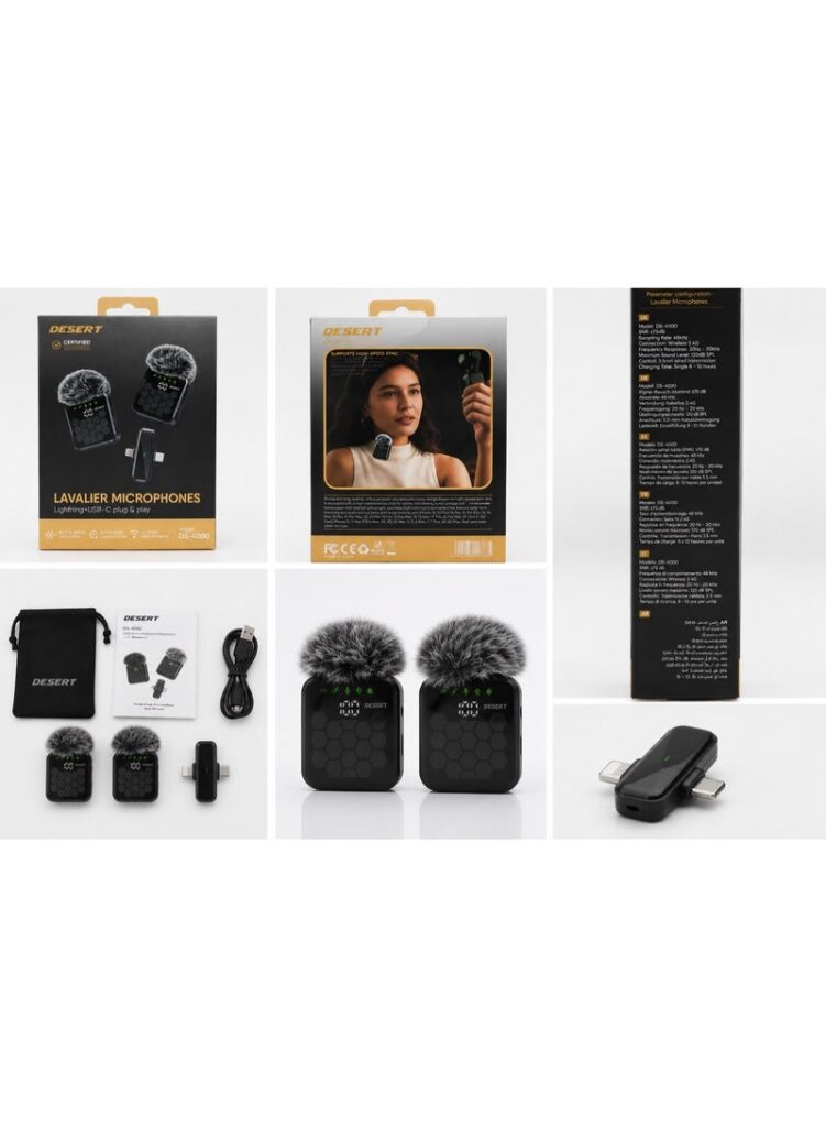 DESERT DS-4000 Wireless Lavalier Microphones, Dual Mic, 2.4GHz, Noise Cancellation, Lightning + USB-C