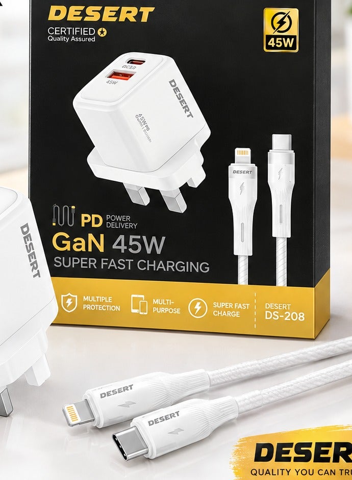 DESERT DS-208 45W GaN Fast Charger with PD Power Delivery – Super Fast Charging Adapter with Charging Cable