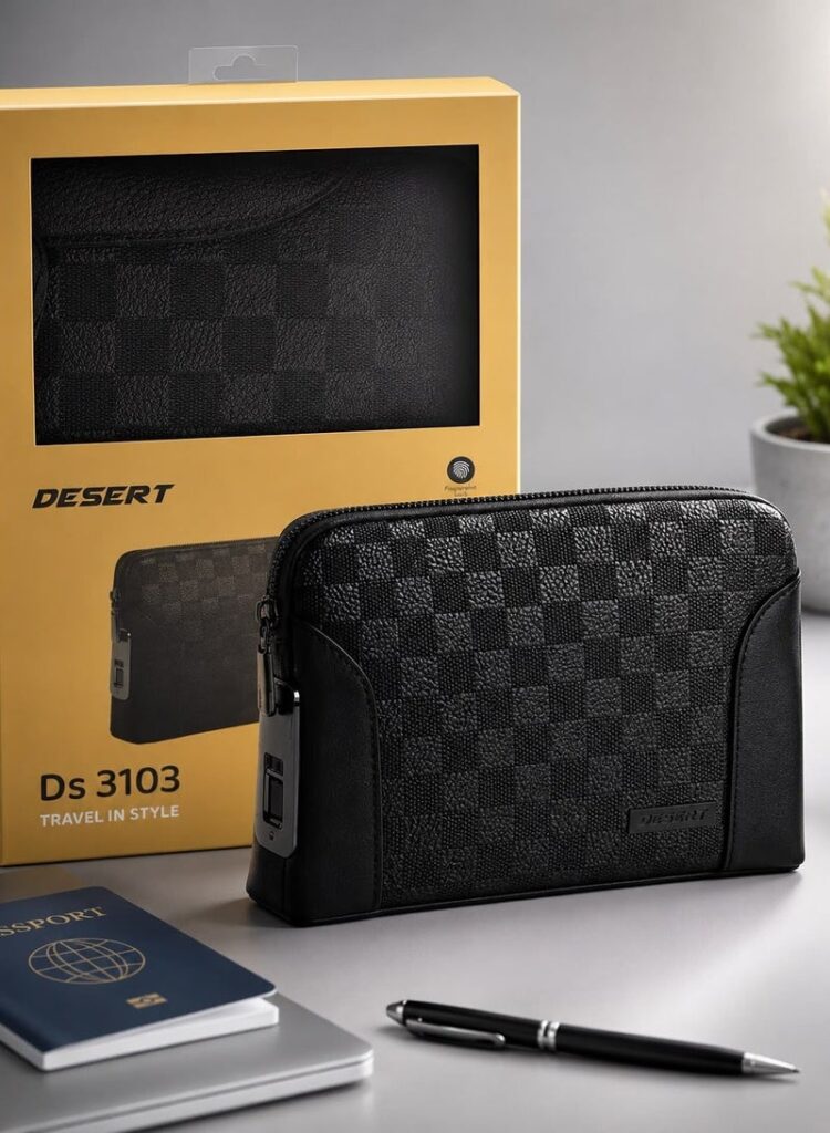 DESERT DS 3103 Travel Organizer Bag with Smart Fingerprint Lock, designed to keep personal belongings and accessories organized while traveling or on the go. It features a stylish and practical design with a water-resistant PU exterior to help protect your belongings from moisture. The bag is equipped with a smart fingerprint lock supporting up to 10 fingerprint groups, providing an added level of privacy and security. Its compact and lightweight design makes it convenient for travel, work, and everyday use.