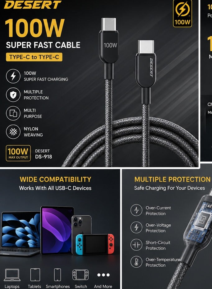 DESERT DS-918 100W Super Fast USB-C to USB-C Charging Cable, Nylon Braided, Durable & Multi-Purpose