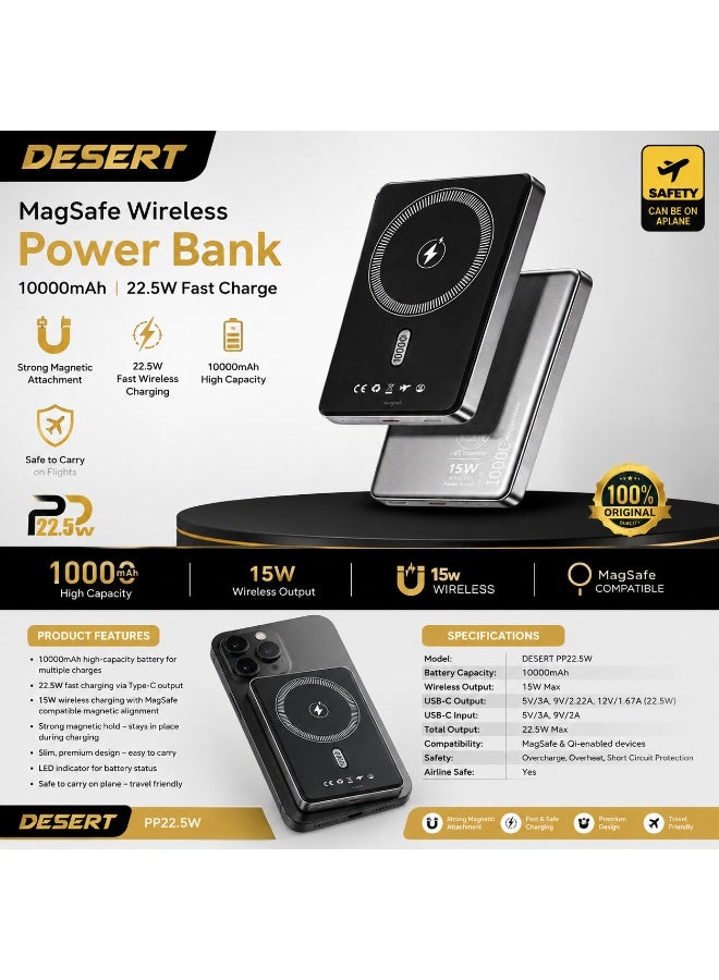 DESERT PP22.5W 10000mAh Magnetic Wireless Power Bank, 15W Wireless Charging, 22.5W Fast Charging, MagSafe Compatible, Portable Battery Pack