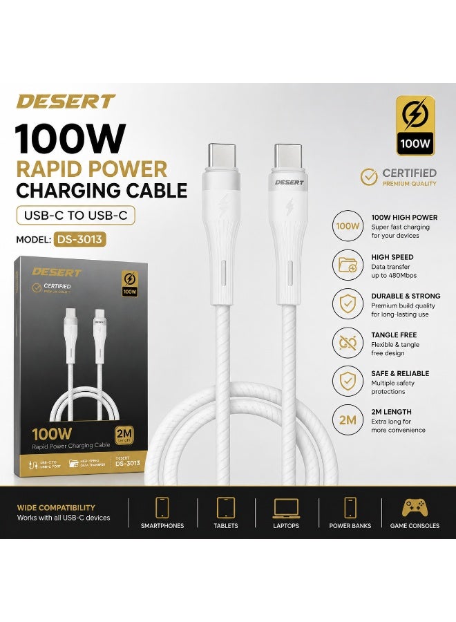 DESERT DS-3013 100W USB-C to USB-C Fast Charging Cable, 2M Rapid Power Cable, High-Speed Data Transfer, Durable Braided Cable