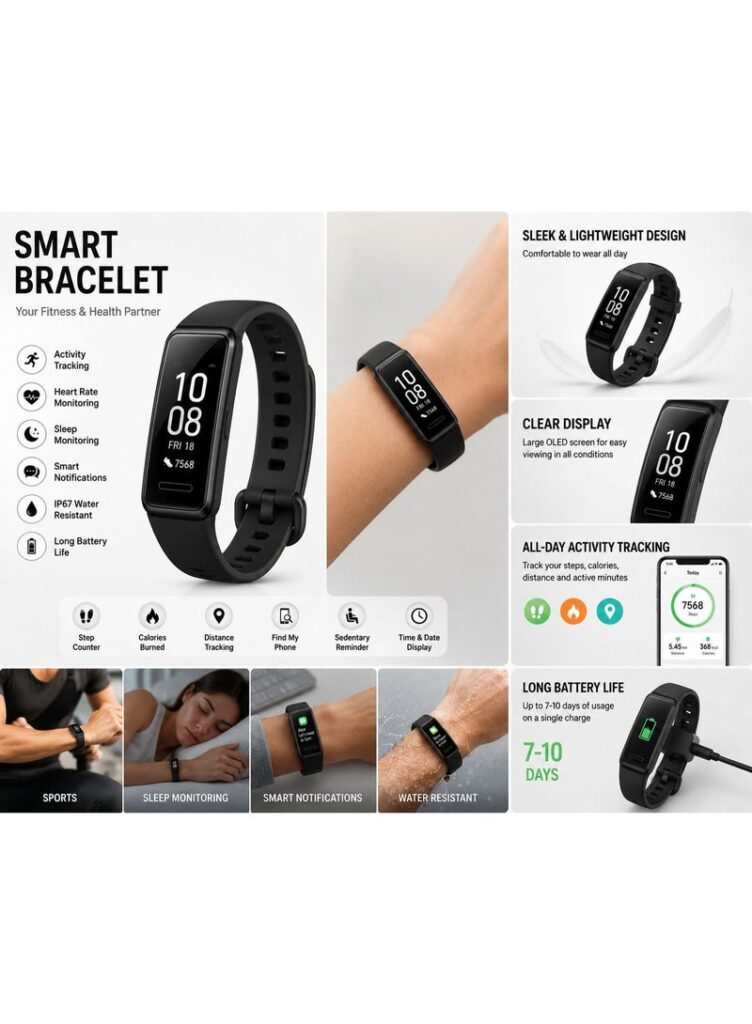 Smart Bracelet Fitness Tracker – Digital Activity Monitor Wristband with Display for Daily Use