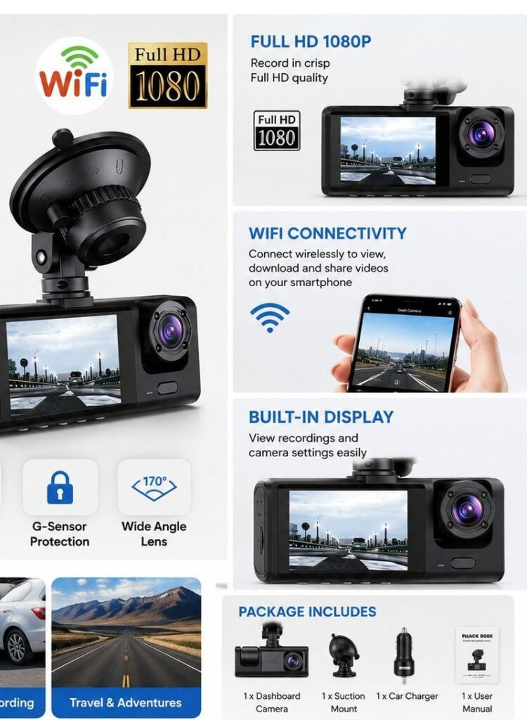 Black Box Traffic Recorder Dash Camera – Full HD 1080P Car Camera with WiFi and LCD Display