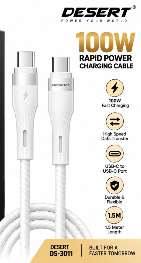 DESERT DS-3011 100W Fast Charging USB-C to USB-C Cable, 1.5 Meter – White