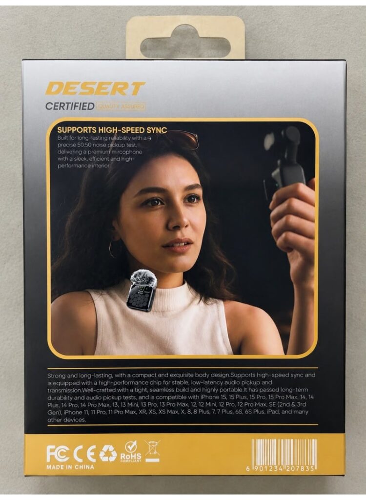 DESERT DS-4000 Wireless Lavalier Microphones, Dual Mic, 2.4GHz, Noise Cancellation, Lightning + USB-C