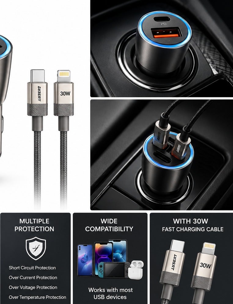 DESERT DS-013 55W Fast Car Charger, Dual USB-C PD & USB-A QC3.0 Ports, Metal Body with LED Light, Multiple Protection