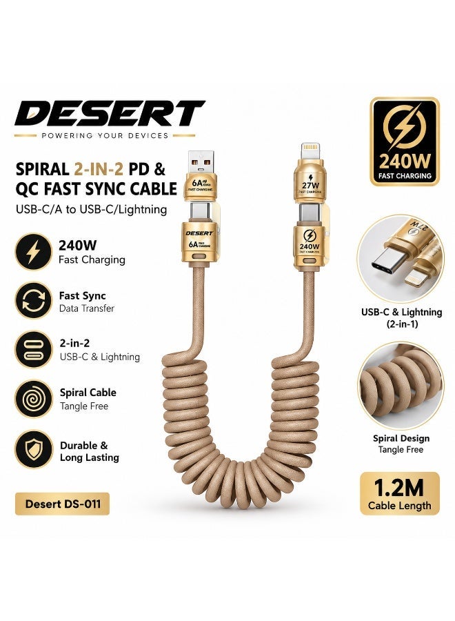 DESERT DS-011 2-in-1 Spiral Fast Charging Cable, USB-A/USB-C to USB-C/Lightning, 1.2M, 240W, Beige