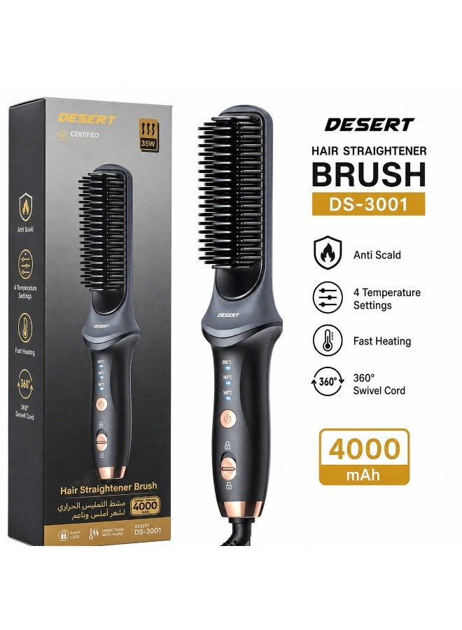 DESERT DS-3001 Hair Straightener Brush, 35W, 4 Temperature Settings, Fast Heating, Safety Lock, 4000mAh Rechargeable Battery
