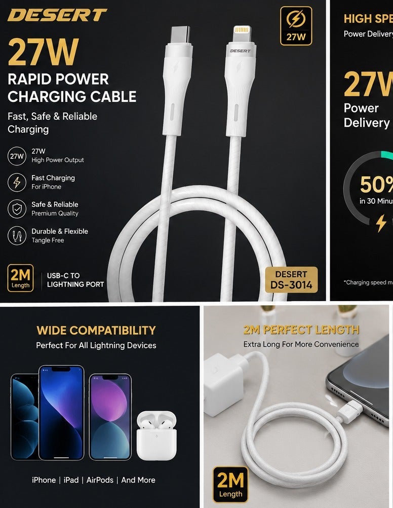 DESERT DS-3014 27W USB-C to Lightning Fast Charging Cable, 2M, High-Speed Data Transfer