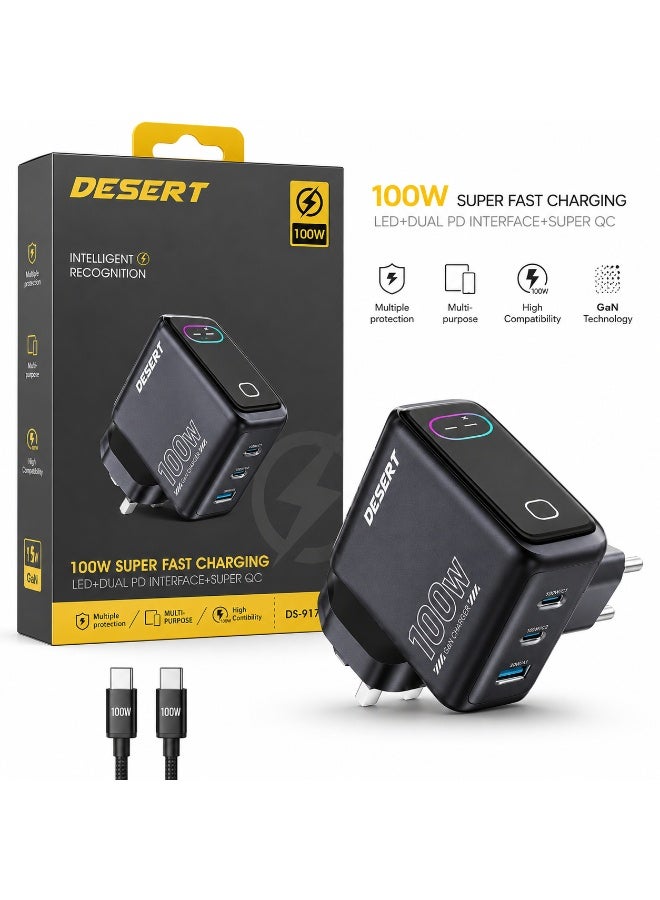 DESERT DS-917 100W GaN Super Fast Wall Charger, Dual USB-C PD + USB-A, LED Display, Multi-Protection, EU 2-Pin