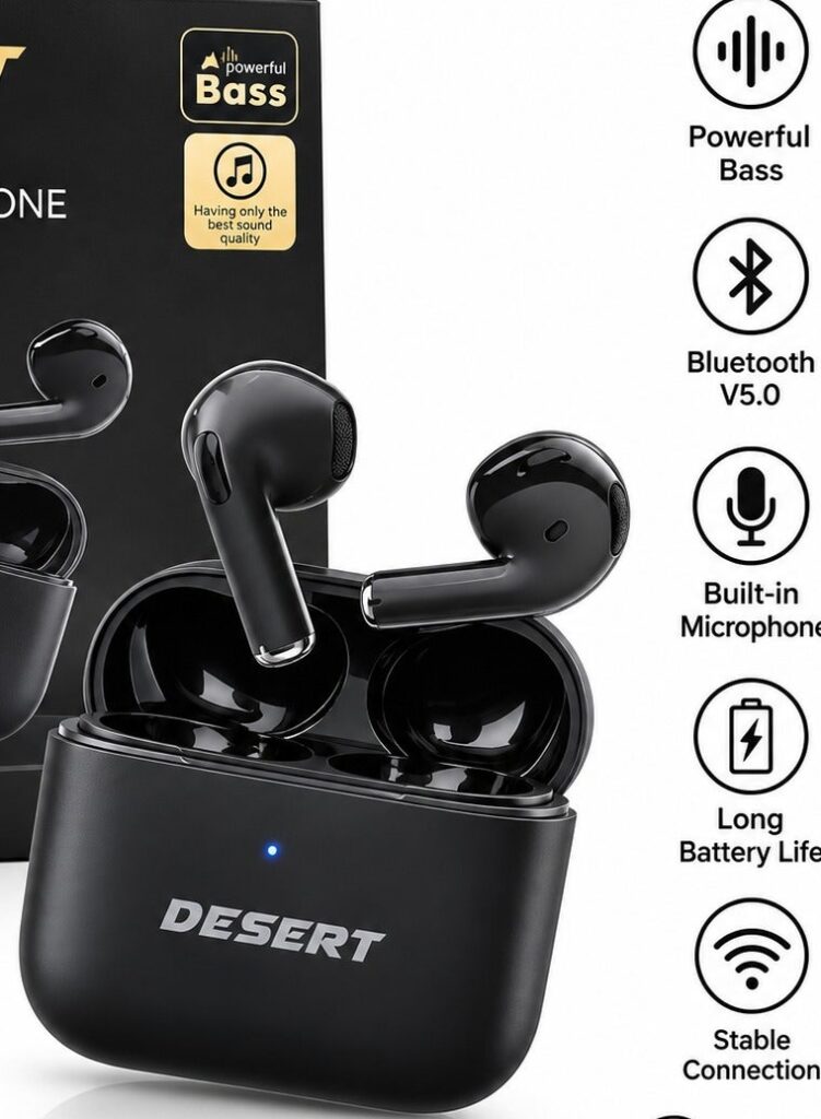 DESERT DS 1999 Wireless Stereo Earphones Enjoy clear, powerful sound with the DESERT DS 1999 Wireless Stereo Earphones. Designed for everyday use, these earphones offer a comfortable fit, stable wireless connectivity, and convenient charging with the portable charging case.