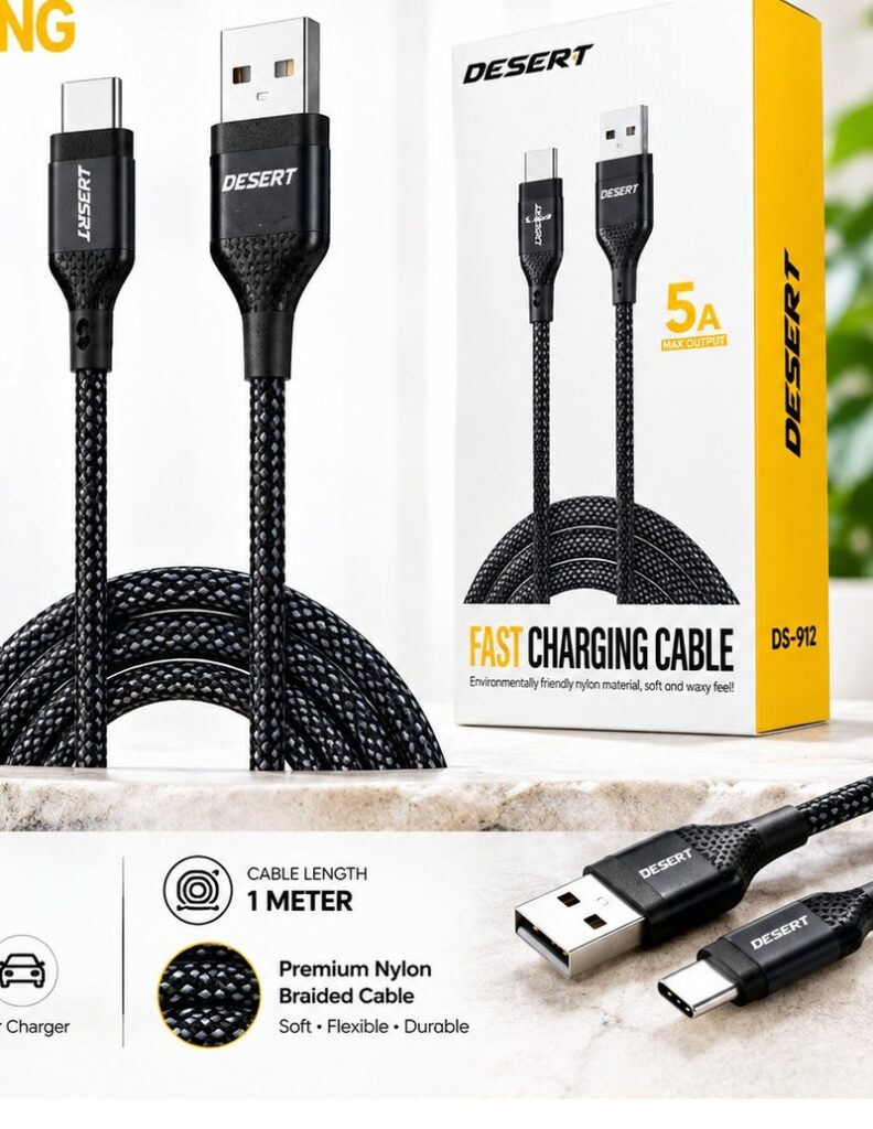 DESERT DS-912 USB-A to USB-C Fast Charging Cable, 5A Max Output, Premium Nylon Braided Cable, Durable Charging & Data Sync Cable