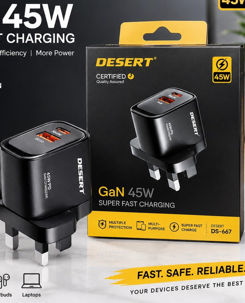 DESERT DS-667 GaN 45W Super Fast Charger – Dual USB Port Wall Charger with Multiple Protection