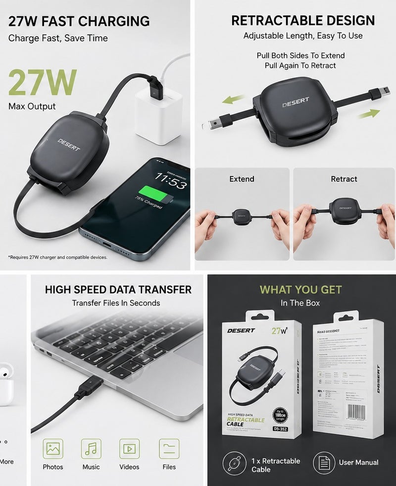 DESERT DS-352 27W Retractable Fast Charging Cable, High-Speed Data Transfer, 100cm, Compact Design