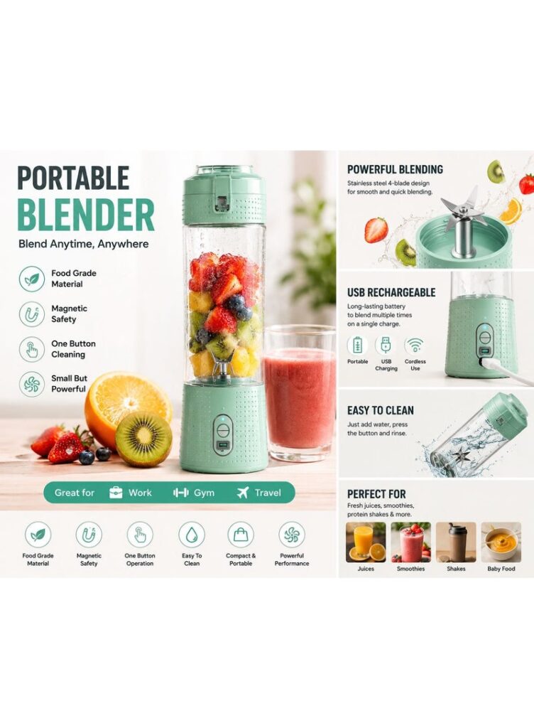 Portable Blender Rechargeable Mini Juicer – Personal Smoothie Maker for Home, Office, Gym & Travel