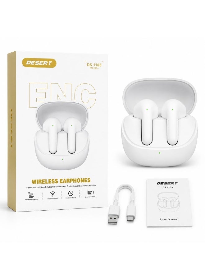 DESERT DS 1103 Wireless Earphones — Bluetooth V6.0, 10m transmission range, 6-hour playtime, 300mAh charging case, white.