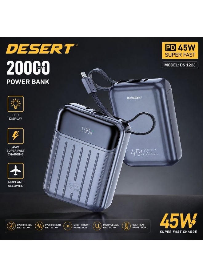 DESERT DS 1223 20000mAh Power Bank, 45W PD Super Fast Charging, LED Battery Display, Built-in Charging Cable, Airplane Allowed