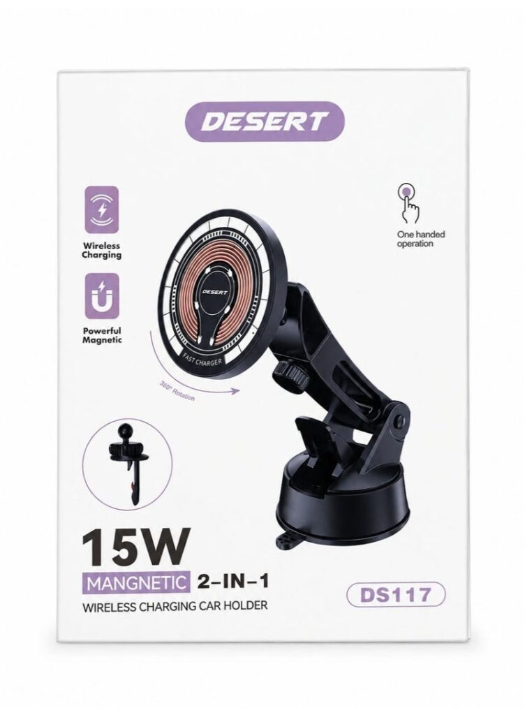 DESERT DS117 15W Magnetic Wireless Charging Car Phone Holder, 2-in-1 Dashboard Mount, 360° Rotation, One-Handed Operation, Fast Wireless Charger for Smartphones