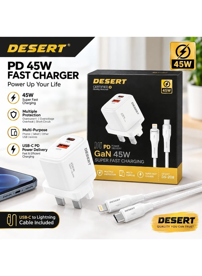 DESERT DS-208 45W GaN Fast Charger with PD Power Delivery – Super Fast Charging Adapter with Charging Cable