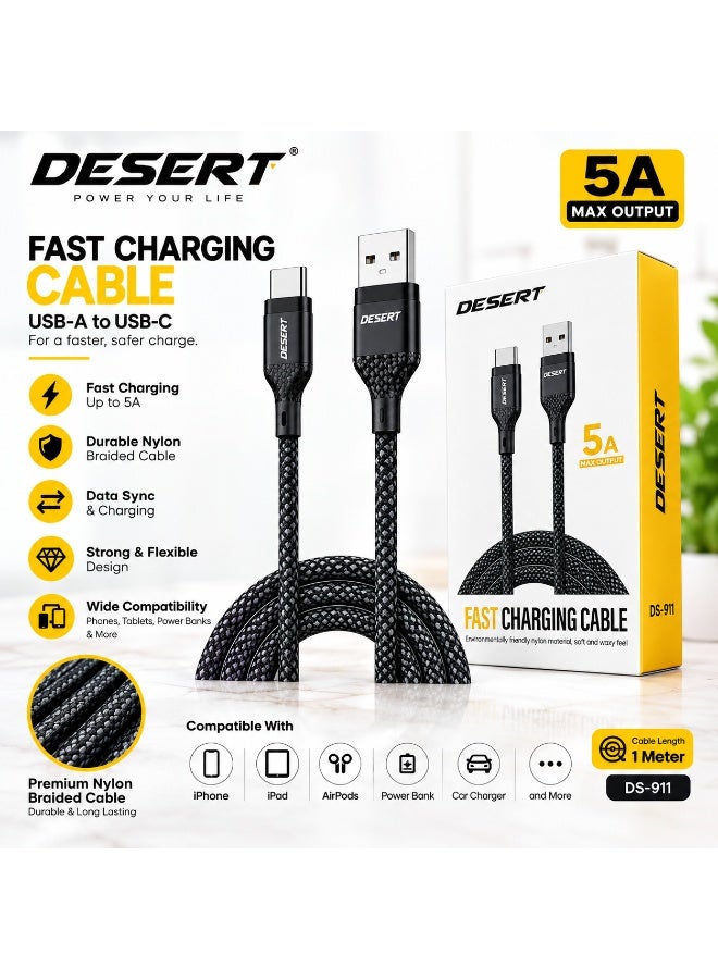 DESERT DS-911 FAST CHARGING CABLE 5A Max Output, Premium Nylon Braided Cable, Durable Charging & Data Sync Cable