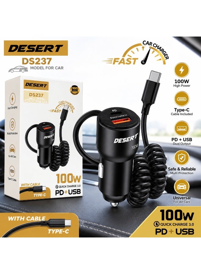 DESERT DS237 100W Car Charger with Type-C Cable, PD + USB Dual Port, Quick Charge 3.0 Fast Charging