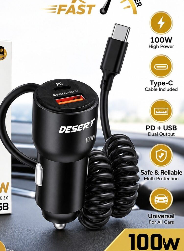 DESERT DS237 100W Car Charger with Type-C Cable, PD + USB Dual Port, Quick Charge 3.0 Fast Charging