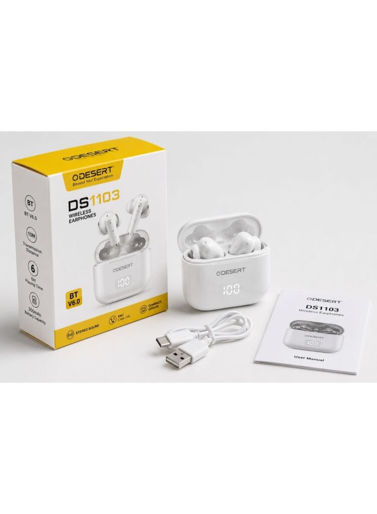 DESERT DS 1103 Wireless Earphones — Bluetooth V6.0, 10m transmission range, 6-hour playtime, 300mAh charging case, white.