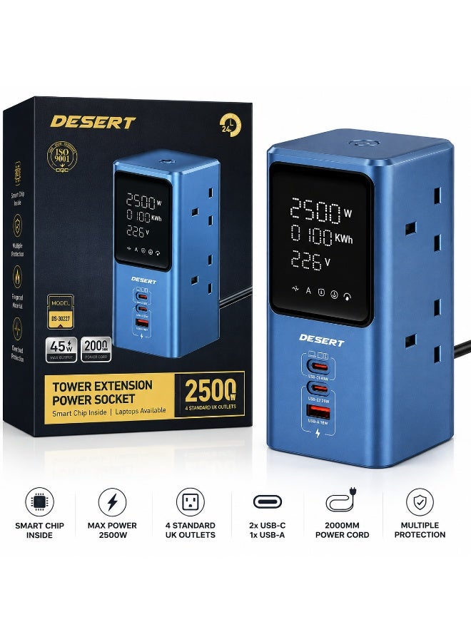 DESERT 2500W Tower Extension Power Socket with Digital Display (45W Max USB-C Fast Charging, 4 Standard UK Outlets, 3 USB Ports, 2M Cord, Model DS-30227)