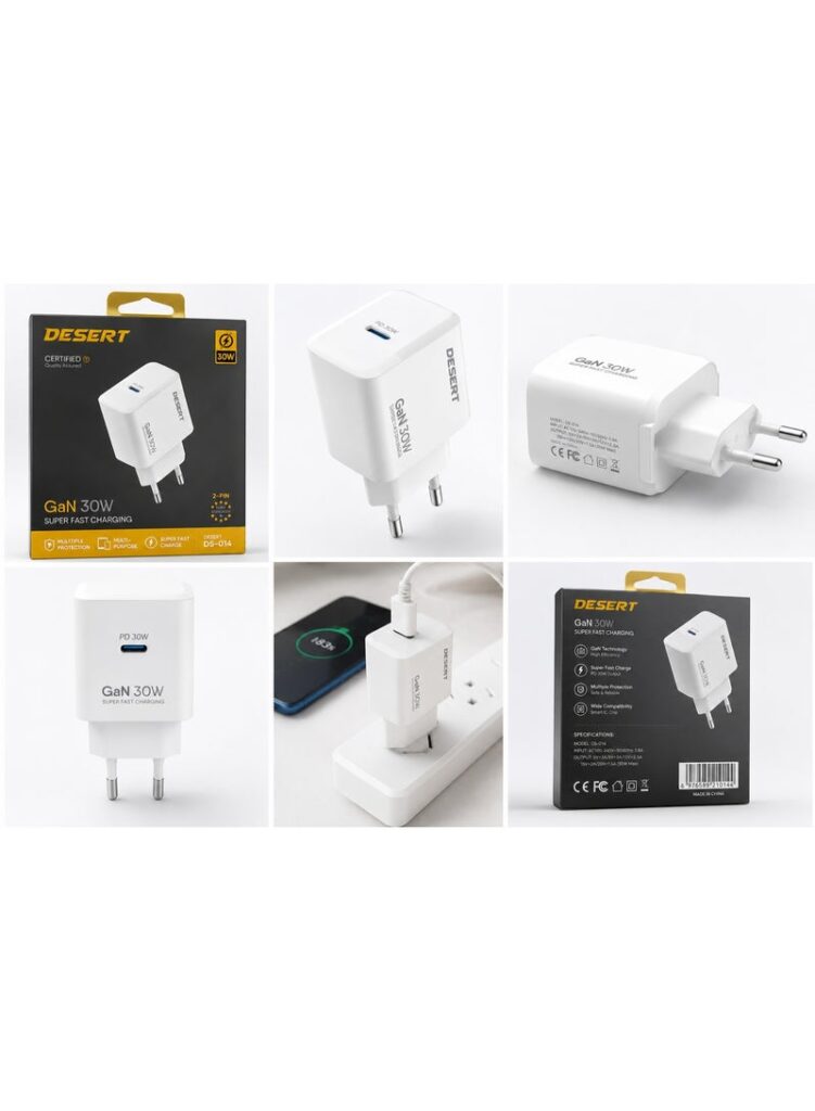 DESERT DS-014 GaN 30W Fast Wall Charger, USB-C PD, 2-Pin EU Plug, Super Fast Charging