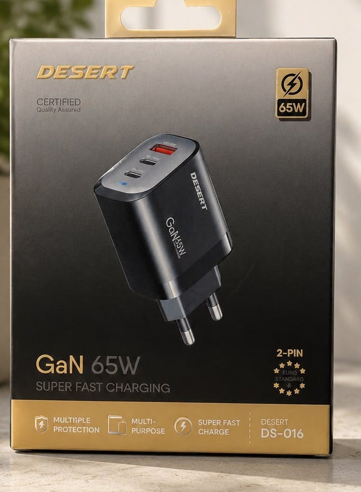 DESERT DS-016 GaN 65W Fast Charger | Super Fast Charging | Multi-Port USB Charger | 2-Pin EU Plug | Multiple Protection
