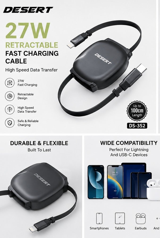 DESERT DS-352 27W Retractable Fast Charging Cable, High-Speed Data Transfer, 100cm, Compact Design