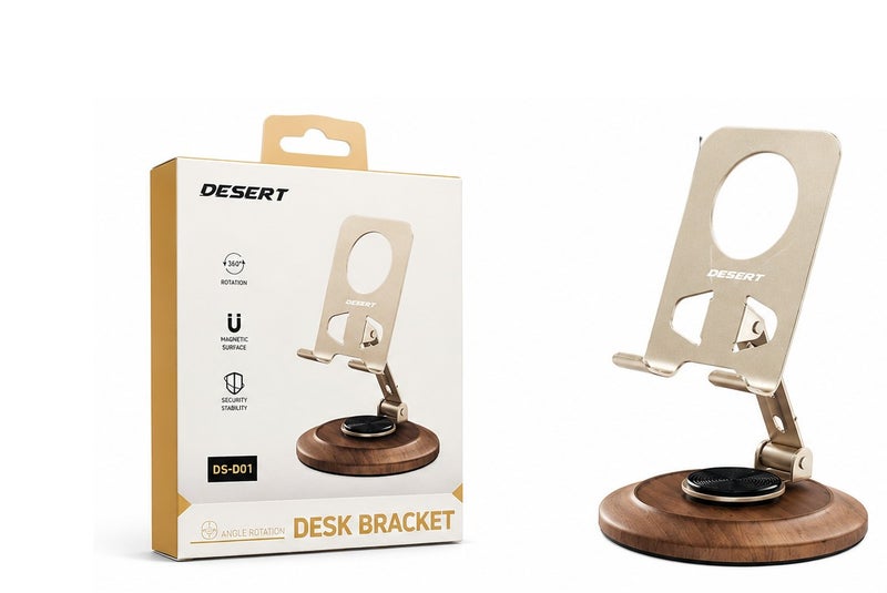 DESERT DS-D01 Desk Phone Stand with 360° Rotation, Magnetic Surface, Foldable Design, Stable Wooden Base