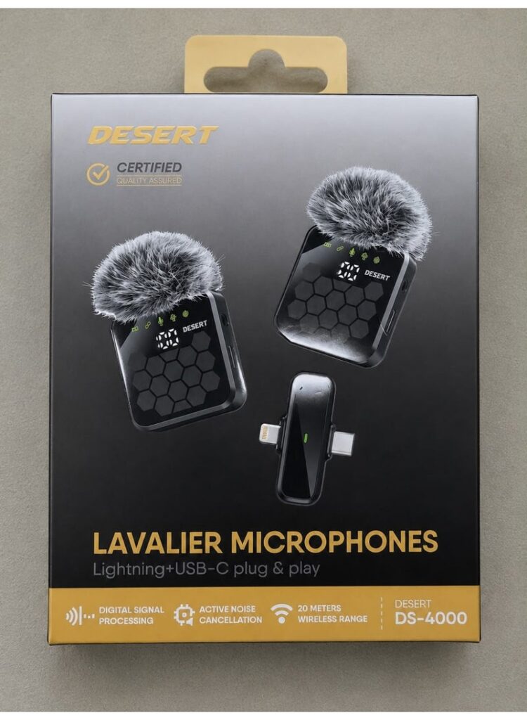 DESERT DS-4000 Wireless Lavalier Microphones, Dual Mic, 2.4GHz, Noise Cancellation, Lightning + USB-C