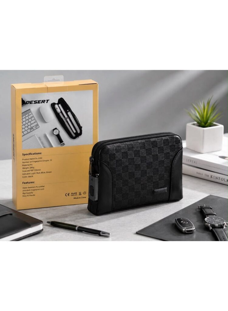 DESERT DS 3103 Travel Organizer Bag with Smart Fingerprint Lock, designed to keep personal belongings and accessories organized while traveling or on the go. It features a stylish and practical design with a water-resistant PU exterior to help protect your belongings from moisture. The bag is equipped with a smart fingerprint lock supporting up to 10 fingerprint groups, providing an added level of privacy and security. Its compact and lightweight design makes it convenient for travel, work, and everyday use.