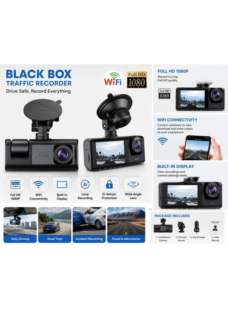 Black Box Traffic Recorder Dash Camera – Full HD 1080P Car Camera with WiFi and LCD Display