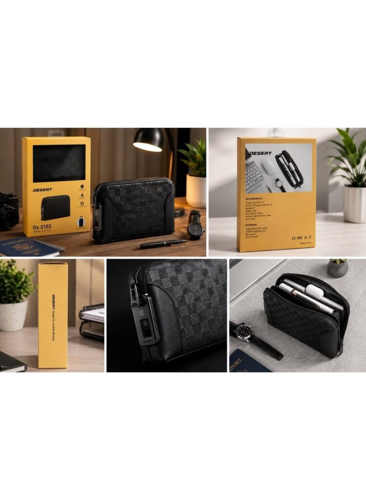 DESERT DS 3103 Travel Organizer Bag with Smart Fingerprint Lock, designed to keep personal belongings and accessories organized while traveling or on the go. It features a stylish and practical design with a water-resistant PU exterior to help protect your belongings from moisture. The bag is equipped with a smart fingerprint lock supporting up to 10 fingerprint groups, providing an added level of privacy and security. Its compact and lightweight design makes it convenient for travel, work, and everyday use.