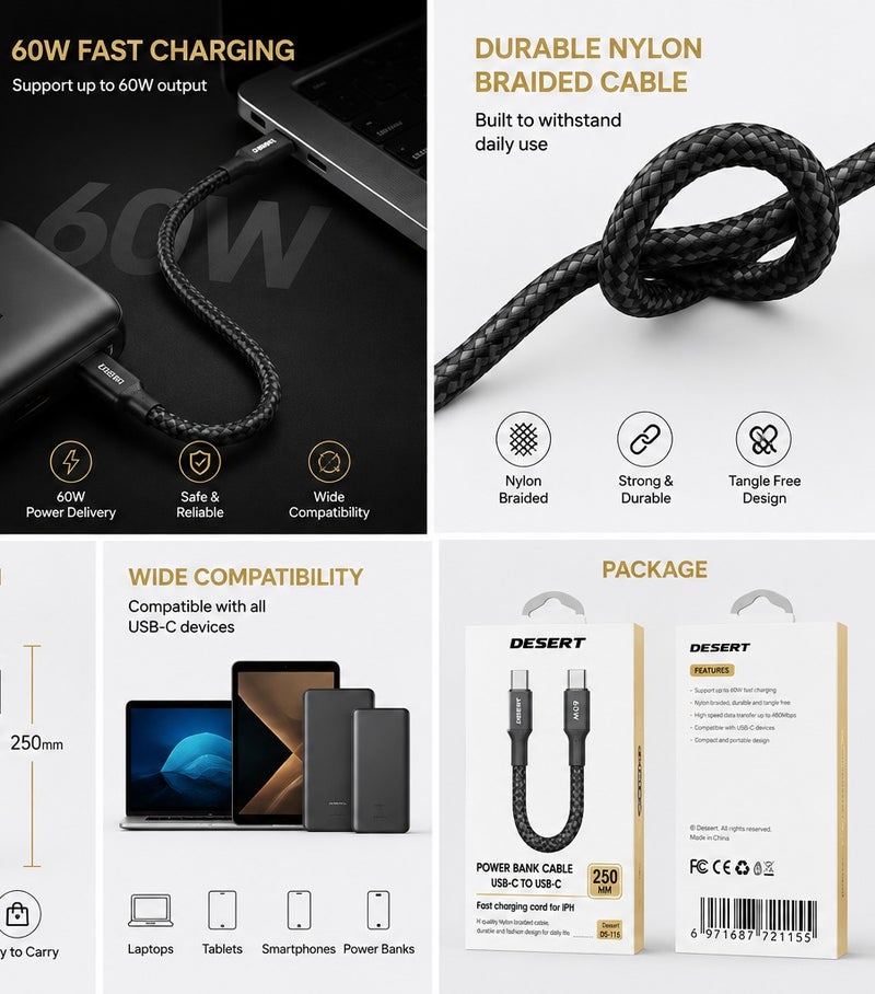 DESERT USB-A to USB-C Fast Charging Cable, 5A Max Output, Durable Nylon Braided Cable