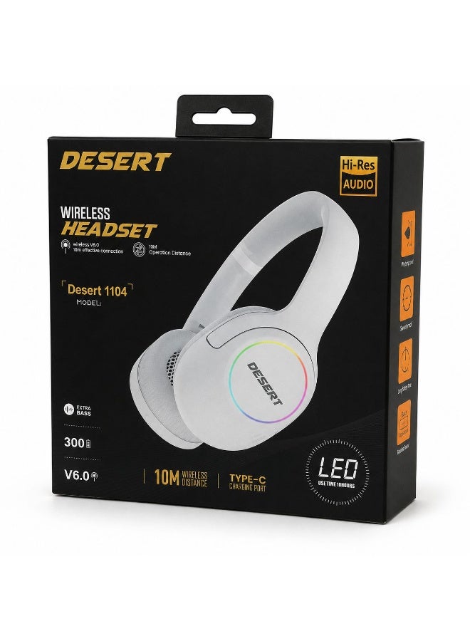 DESERT 1104 Wireless Headset – Bluetooth V6.0, Hi-Res Audio, Extra Bass, LED Lights, Type-C Charging