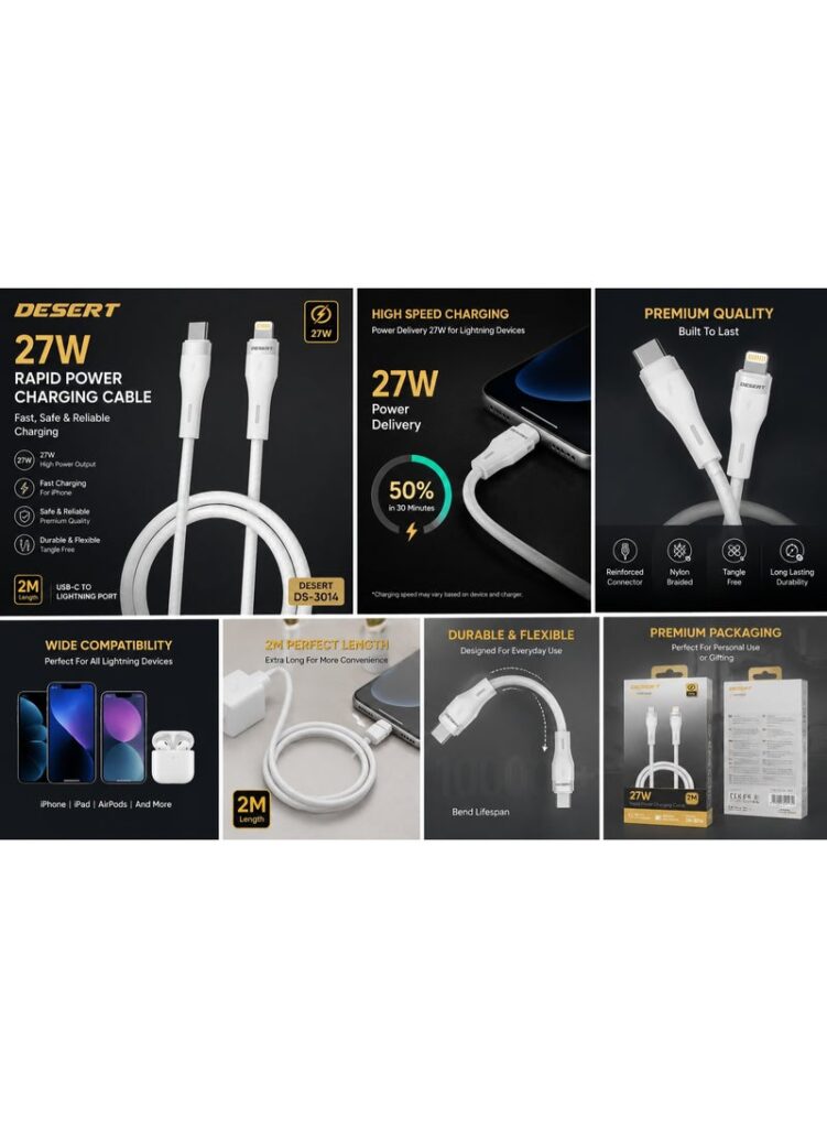 DESERT DS-3014 27W USB-C to Lightning Fast Charging Cable, 2M, High-Speed Data Transfer