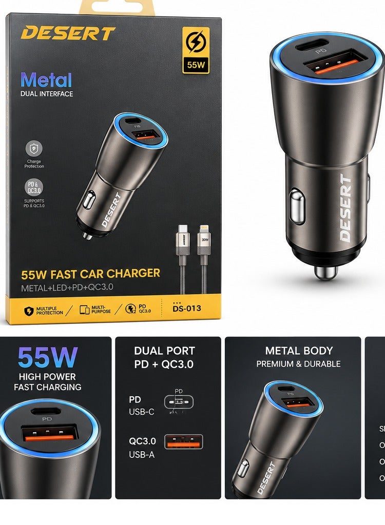 DESERT DS-013 55W Fast Car Charger, Dual USB-C PD & USB-A QC3.0 Ports, Metal Body with LED Light, Multiple Protection