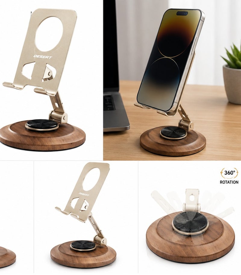 DESERT DS-D01 Desk Phone Stand with 360° Rotation, Magnetic Surface, Foldable Design, Stable Wooden Base