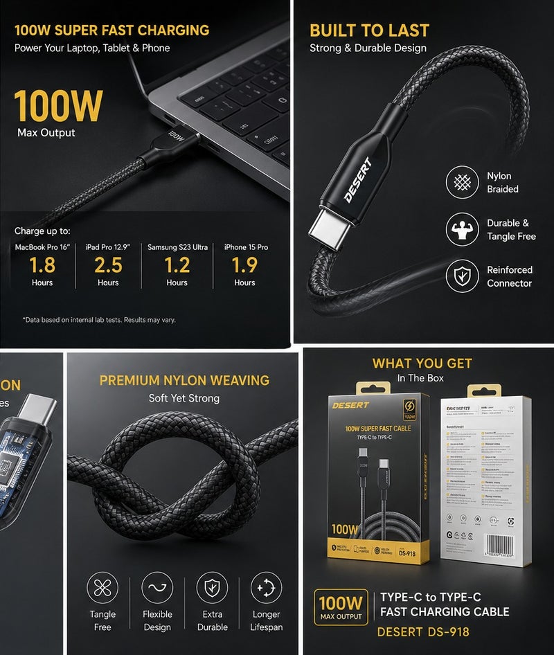 DESERT DS-918 100W Super Fast USB-C to USB-C Charging Cable, Nylon Braided, Durable & Multi-Purpose