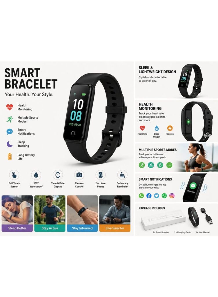 Smart Bracelet Fitness Tracker – Digital Activity Monitor Wristband with Display for Daily Use