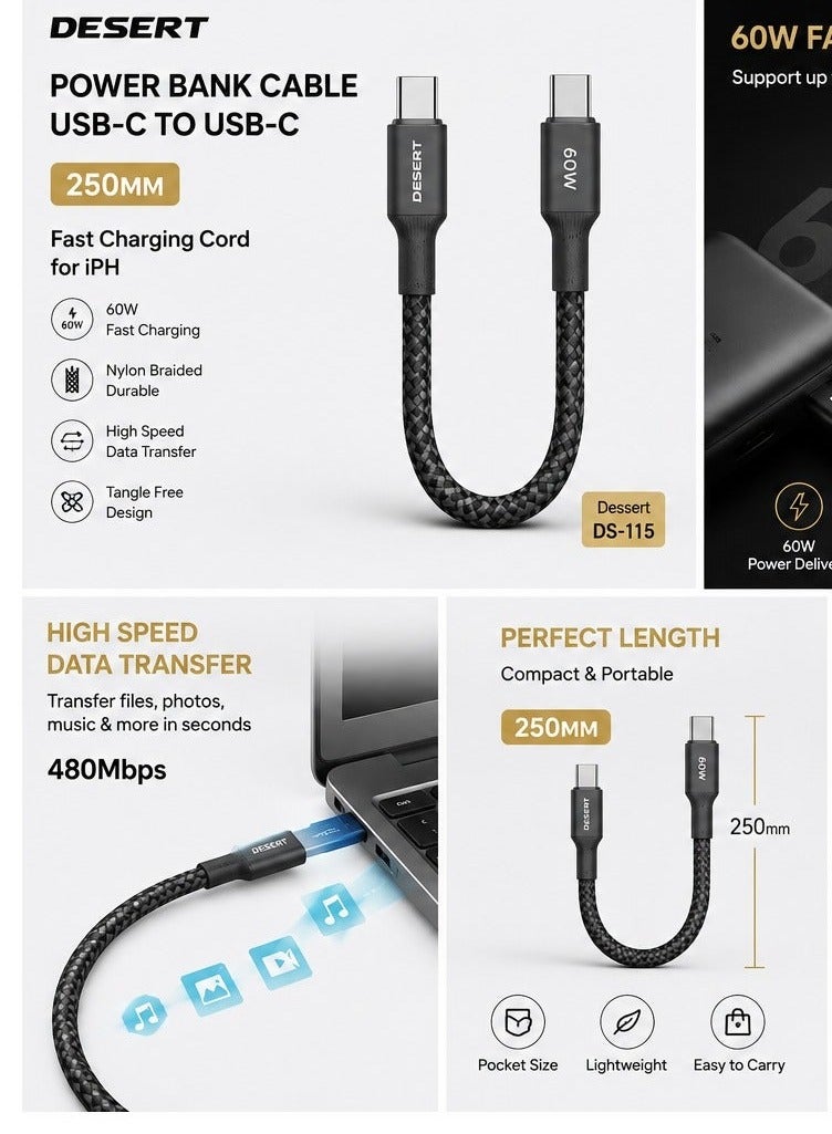 DESERT USB-A to USB-C Fast Charging Cable, 5A Max Output, Durable Nylon Braided Cable