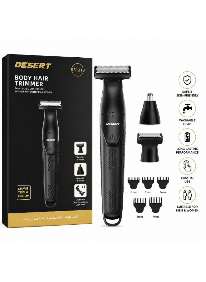 DESERT DS1213 3-in-1 Body Hair Trimmer for Men & Women, Skin-Friendly Electric Grooming Trimmer with 5 Guide Combs