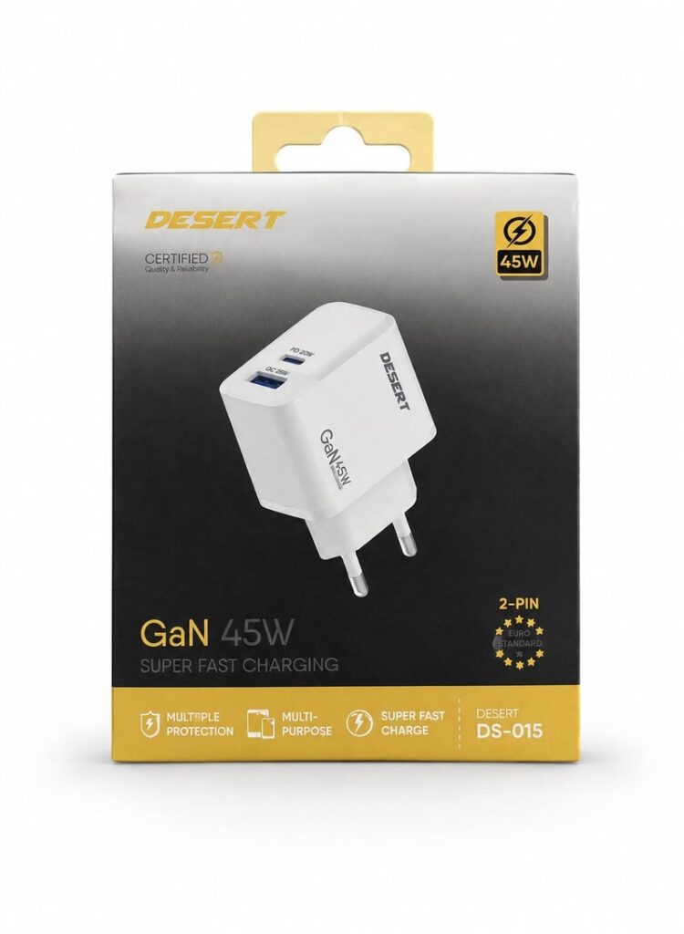 DESERT DS-015 45W GaN Fast Charger, Dual USB Ports, 2-Pin EU Plug, Super Fast Charging Adapter