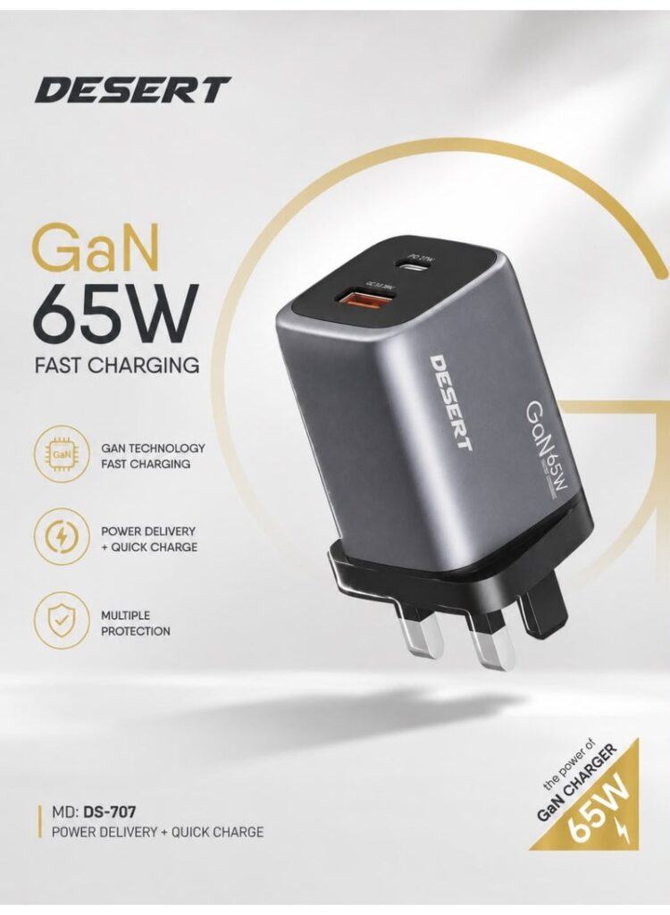 DESERT DS-707 65W GaN Fast Charger – High-Speed USB-C Power Adapter for Smartphones, Tablets & Laptops