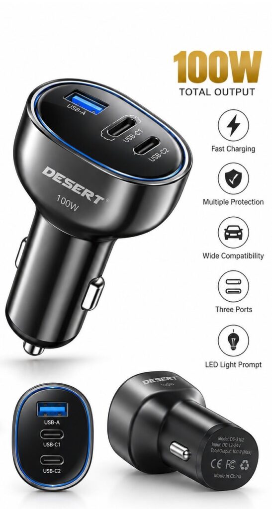 DESERT DS-3102 100W Car Charger – Zinc Alloy, 3 USB Ports, Fast Charging & LED Light