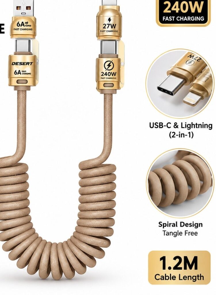 DESERT DS-011 2-in-1 Spiral Fast Charging Cable, USB-A/USB-C to USB-C/Lightning, 1.2M, 240W, Beige